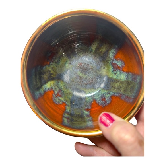 Stoneware Pottery Bowl with Genuine 18k Gold Trim in Rust & Olive Layered Glazes - Picture 12 of 13